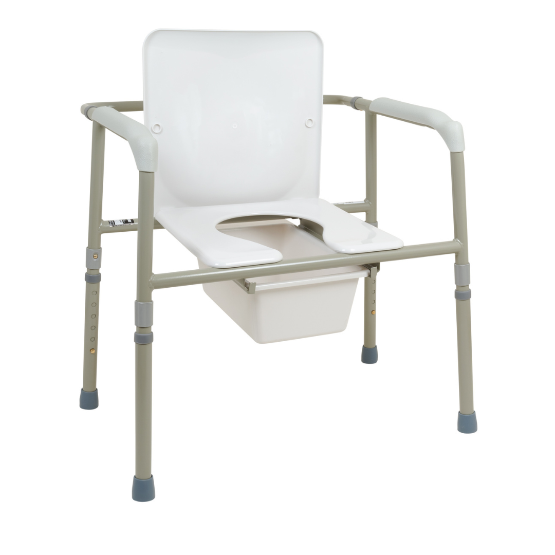 The ProBasics Bariatric Three-in-One Commode is a white, adjustable-height chair with armrests, an open seat, and a removable plastic bucket for added stability and support during mobility or bathroom assistance.